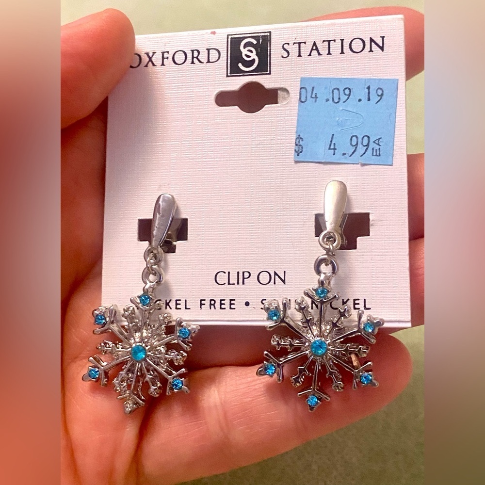 Oxford Station Silver Snowflake Clip-On Earrings with Turquoise imitation Stones